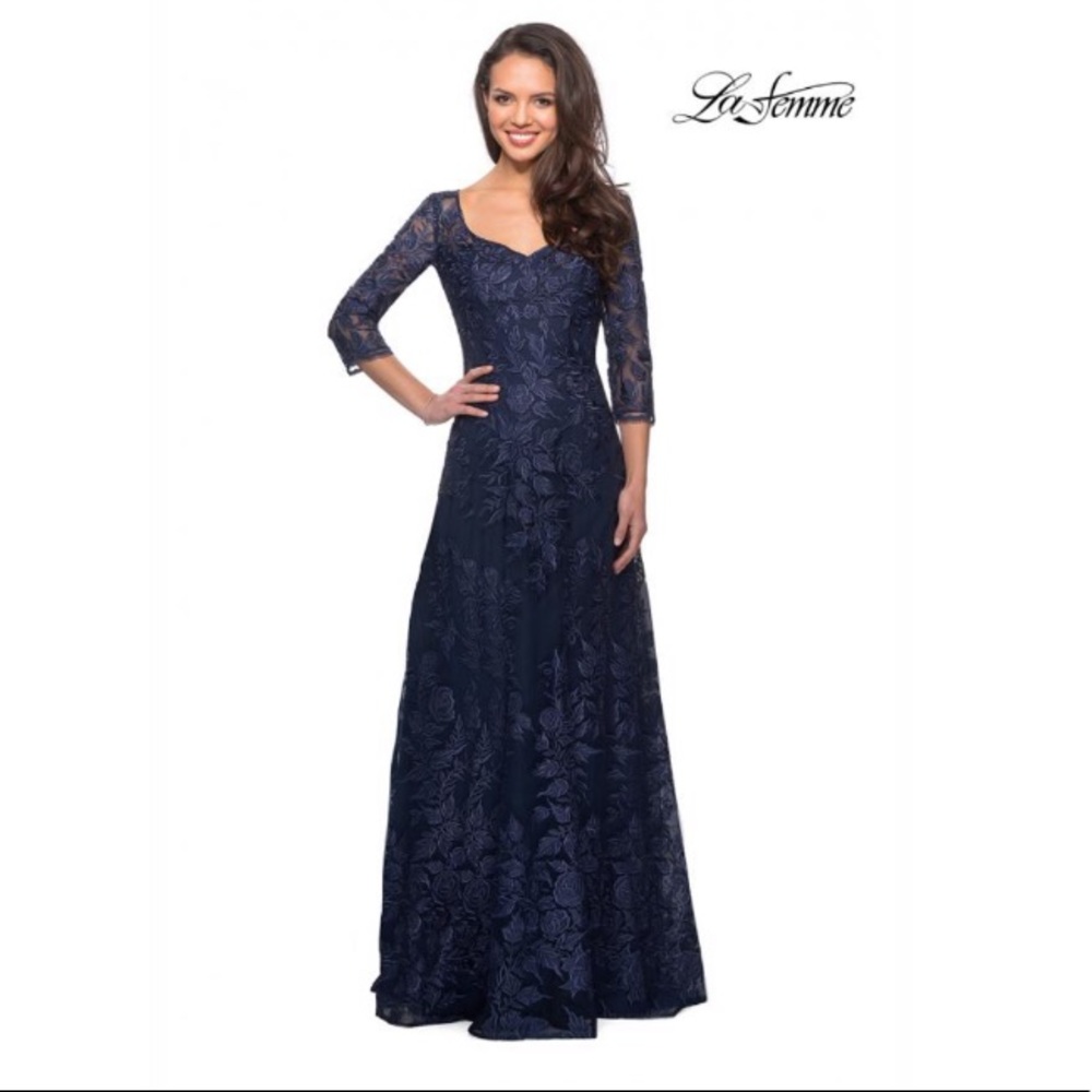 La Femme Floral Embroidered Mesh A-Line Gown